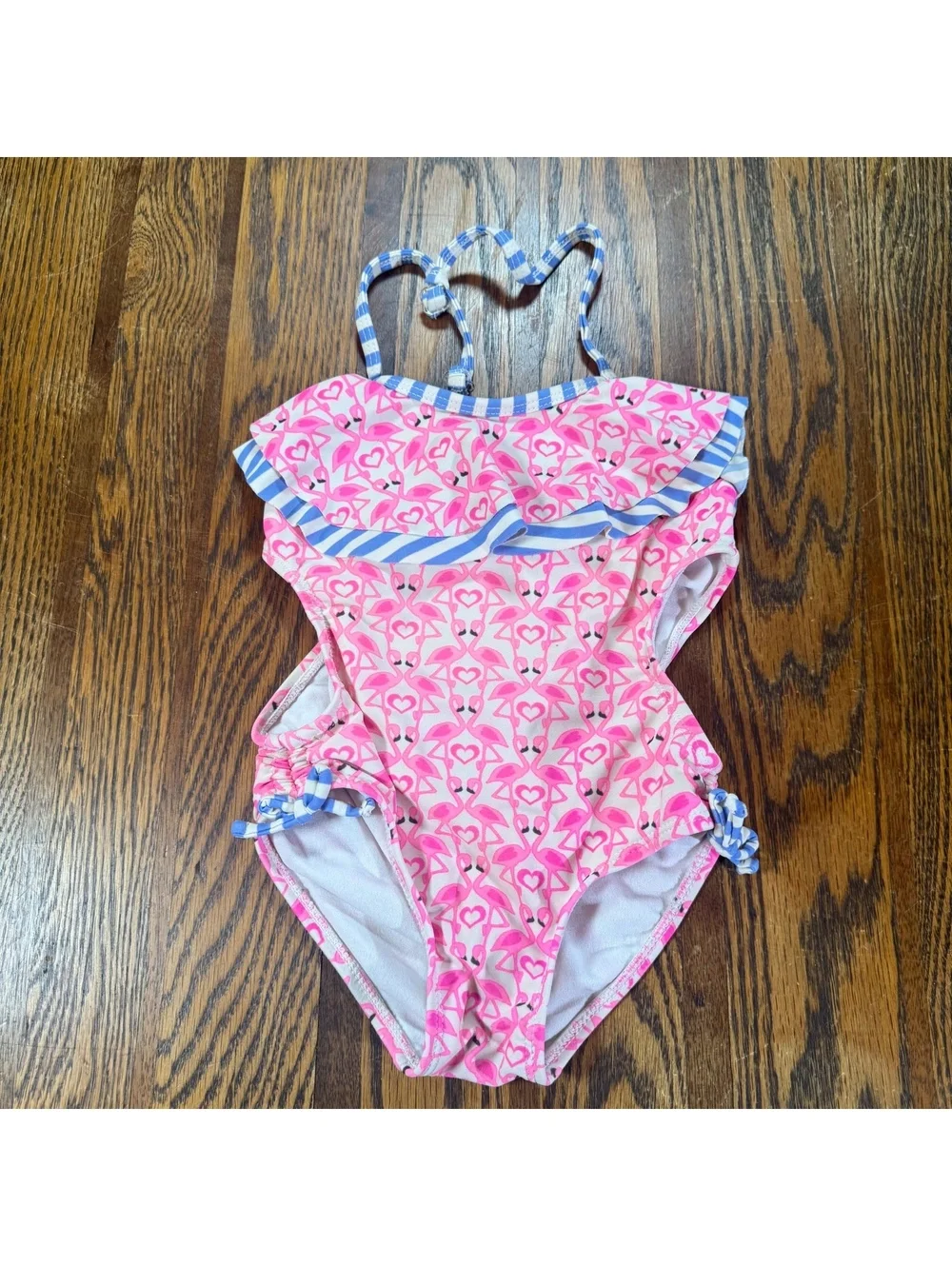 Girls 3T Pink Flamingo One-Piece Swimsuit Ruffle Heart Straps Side Ties